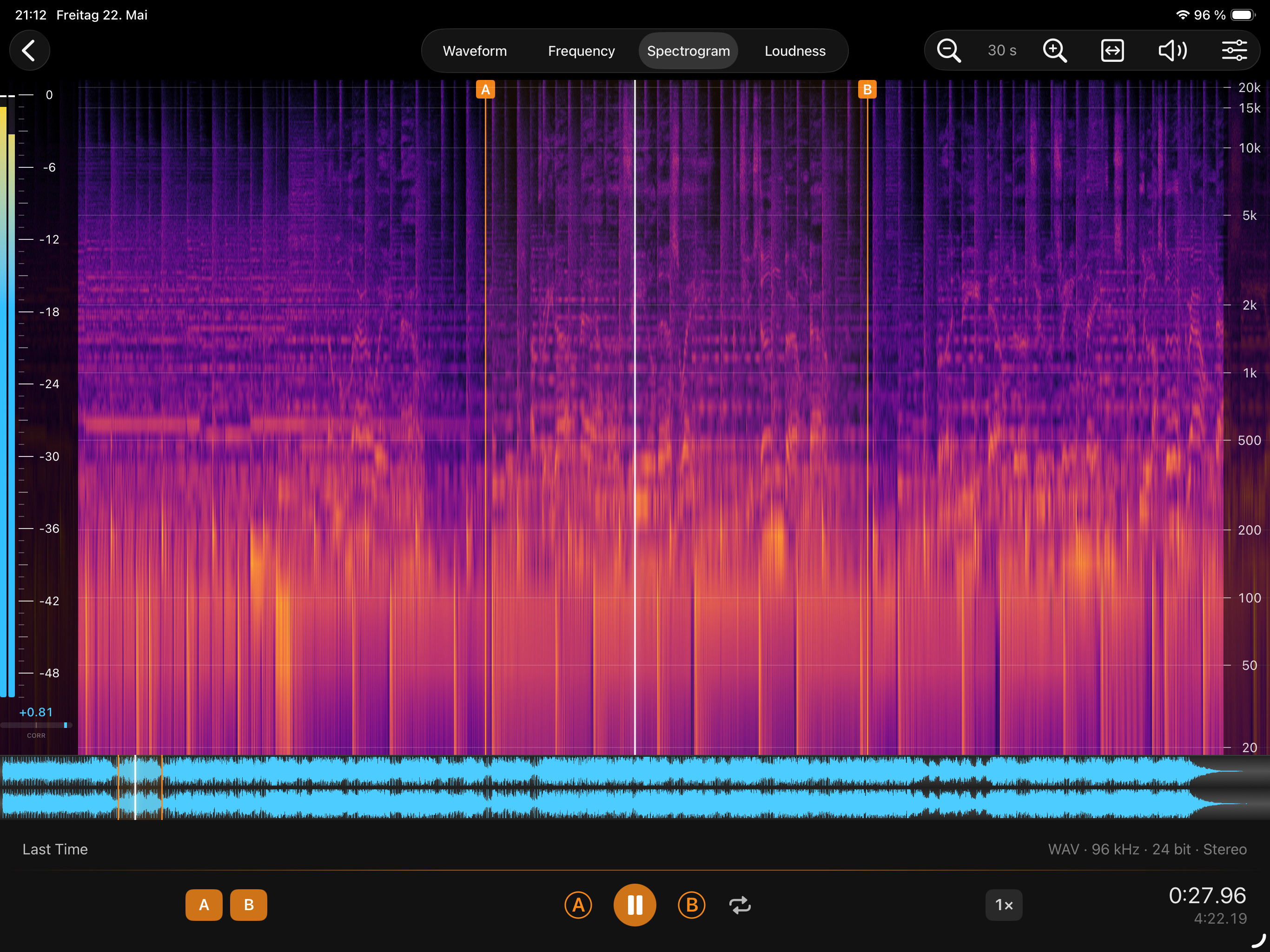 Studio Spectrogram view — high-resolution spectrogram with magma palette, frequency axis from 20 Hz to 20 kHz.