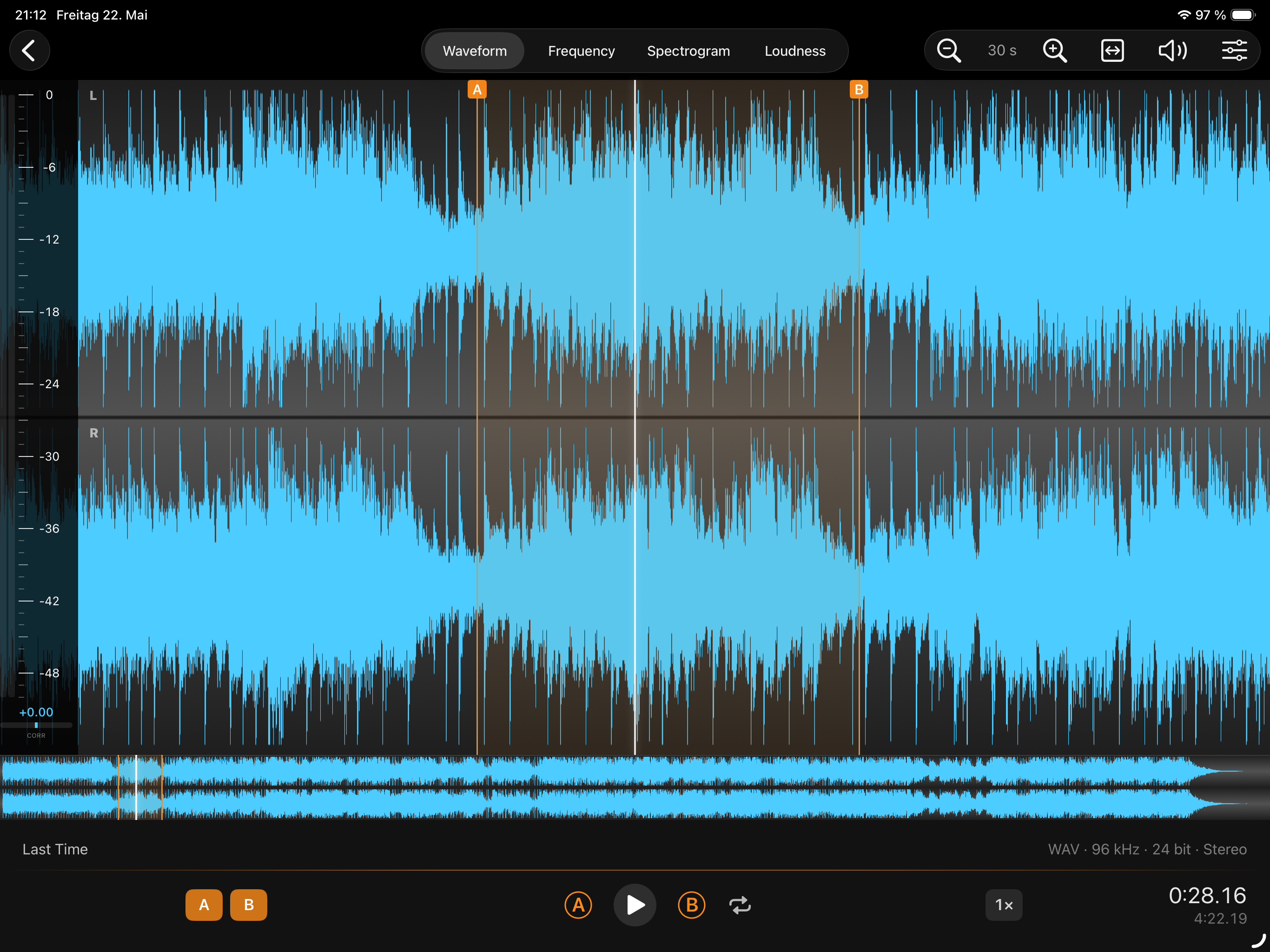 Studio Waveform view — stereo waveform of the opened file with A/B loop markers, scrubbable playhead and transport controls.